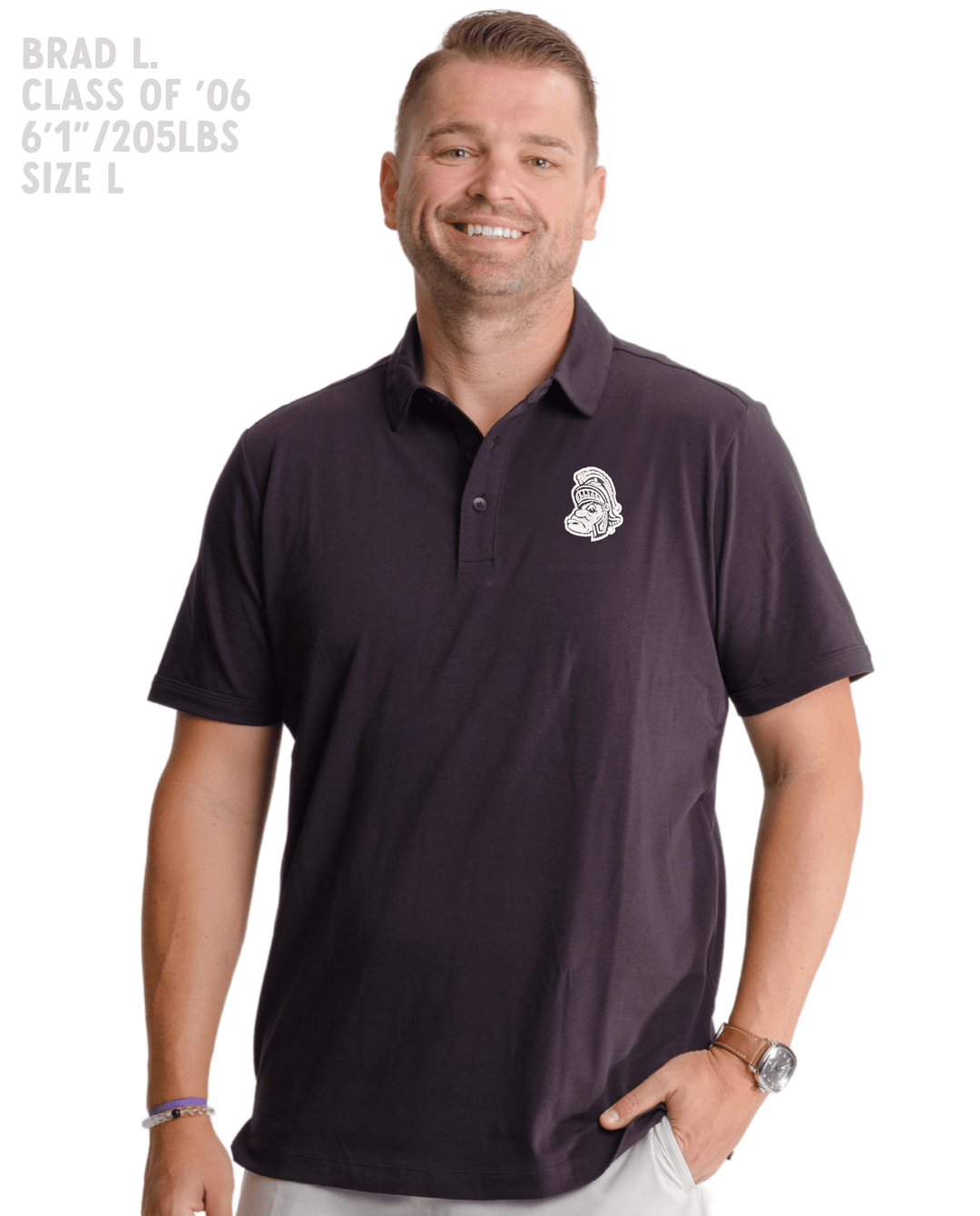 Black Michigan State Short Sleeve Polo with white Gruff Sparty logo on the left chest on male model with white background