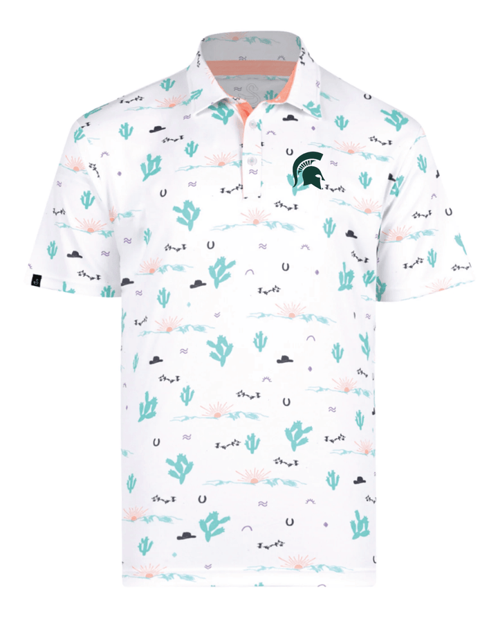 Michigan State Swannies cactus polo with green Spartan Helmet on the left chest