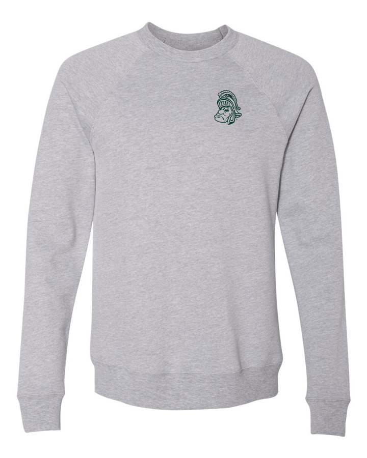 Michigan State Apparel Light Grey Crewneck Sweatshirt with a green Gruff Sparty logo on left chest on a white background
