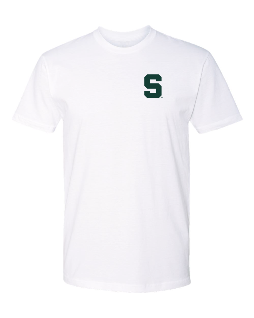 White Michigan State T Shirt with Green Block S Print