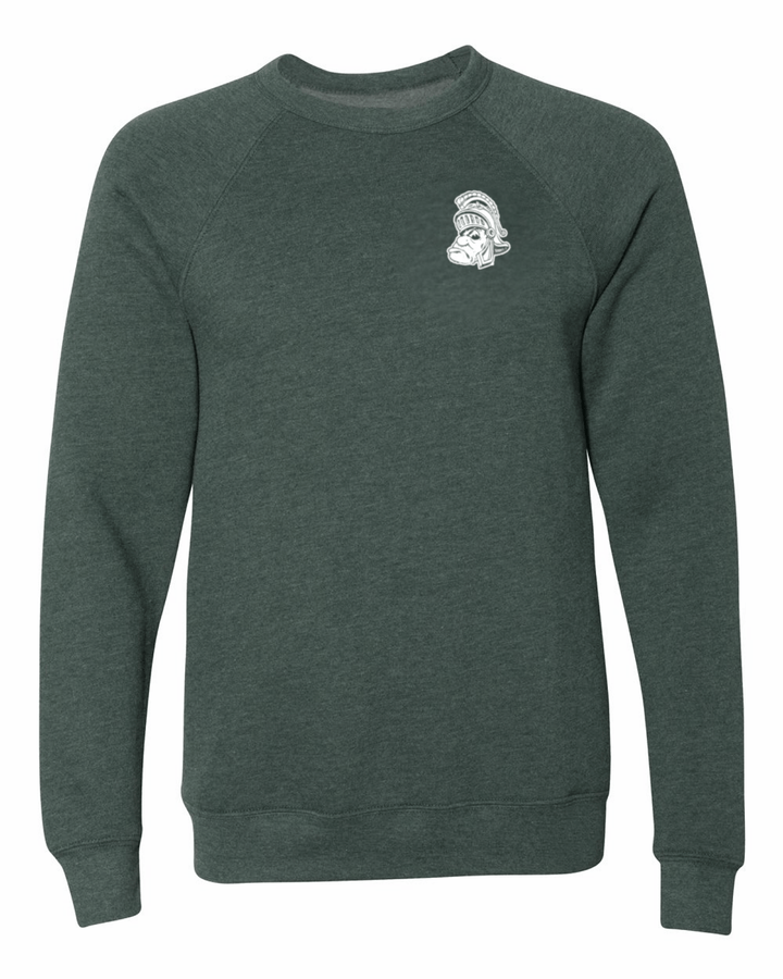 Michigan State Heather Green Gruff Sparty Crewneck Sweatshirt on white background
