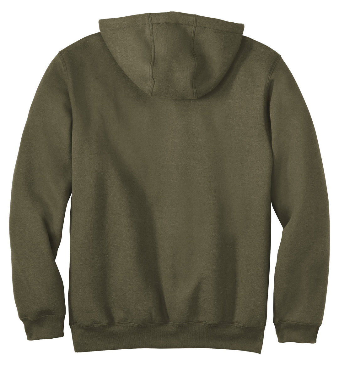 Back view of Flat lay moss green Carhartt hoodie featuring large white Spartan helmet design and Carhartt logo tag