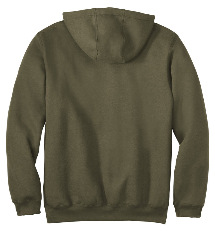 Back view of Flat lay moss green Carhartt hoodie featuring large white Spartan helmet design and Carhartt logo tag