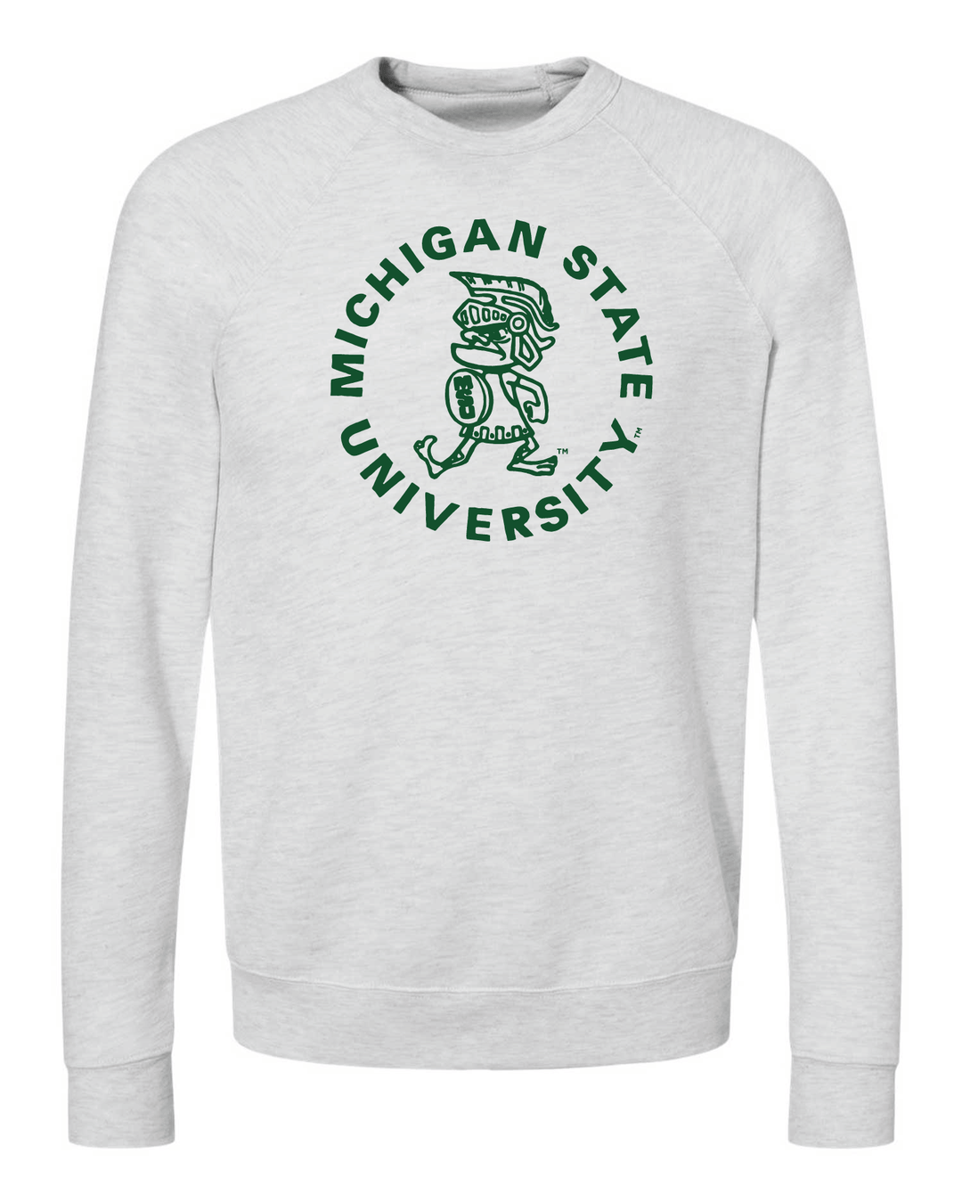 White Michigan State crewneck sweatshirt featuring the vintage tough Sparty logo in green printed on the chest