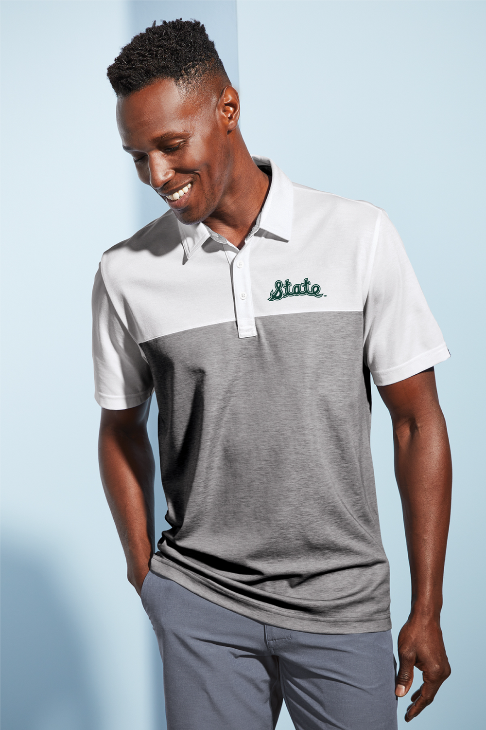 White and Grey vintage Cursive State Michigan State Polo