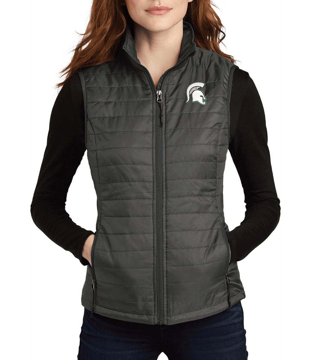 Michigan State University Women's Puffer Vest with Spartan Helmet with white background