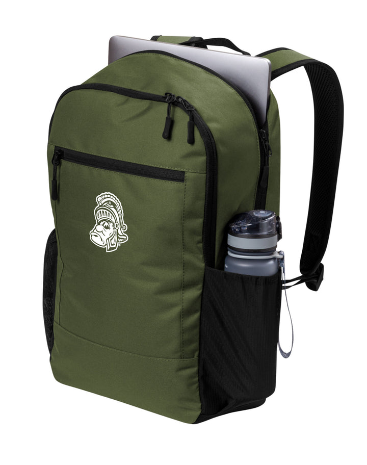 Side angle view of a green Michigan State backpack with a white Gruff Sparty logo embroidered on the front.