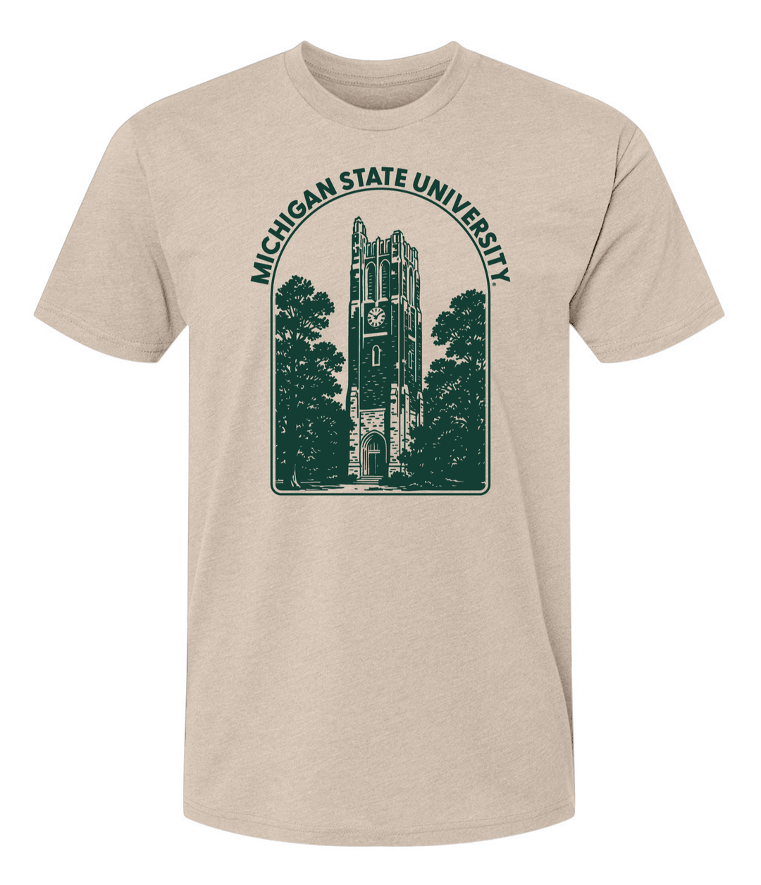 Beige t-shirt with Michigan State University logo featuring a tower and trees on a white background