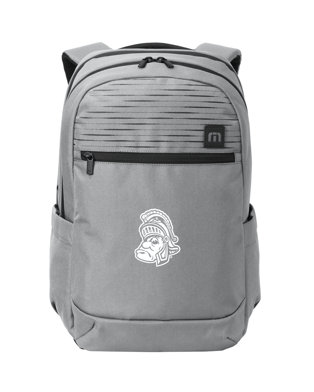 Front view of a grey Travis Mathew Approach backpack for Michigan State University with a white Gruff Sparty logo embroidered on the front.