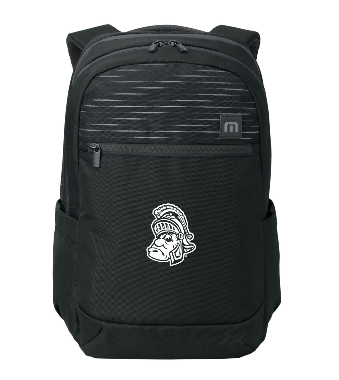 Black Travis Mathew backpack for Michigan State University with a white Gruff Sparty logo on the front.