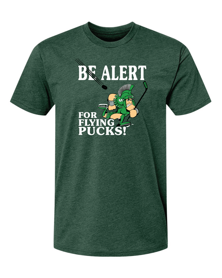 Green Michigan State t-shirt with the new Be Alert for Flying Pucks design printed on the chest.