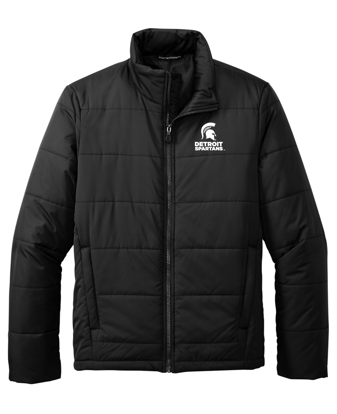 Front View of Michigan State Black Puffer Jacket with White Detroit Spartans Logo embroidered on left chest Mock up on white background