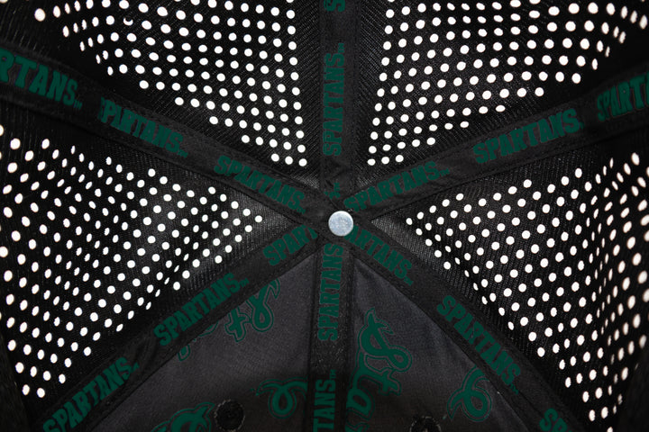 Close up view of the inside of our Michigan State black hat featuring branded Spartans seam tape and green State Script pattern on the inside lining.