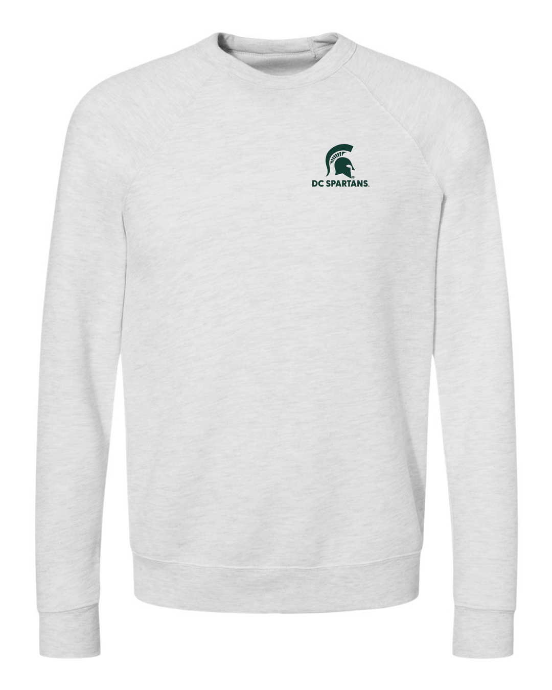Ash white Michigan State crewneck sweatshirt with a DC Spartans Alumni Club logo embroidered on the left chest in green thread
