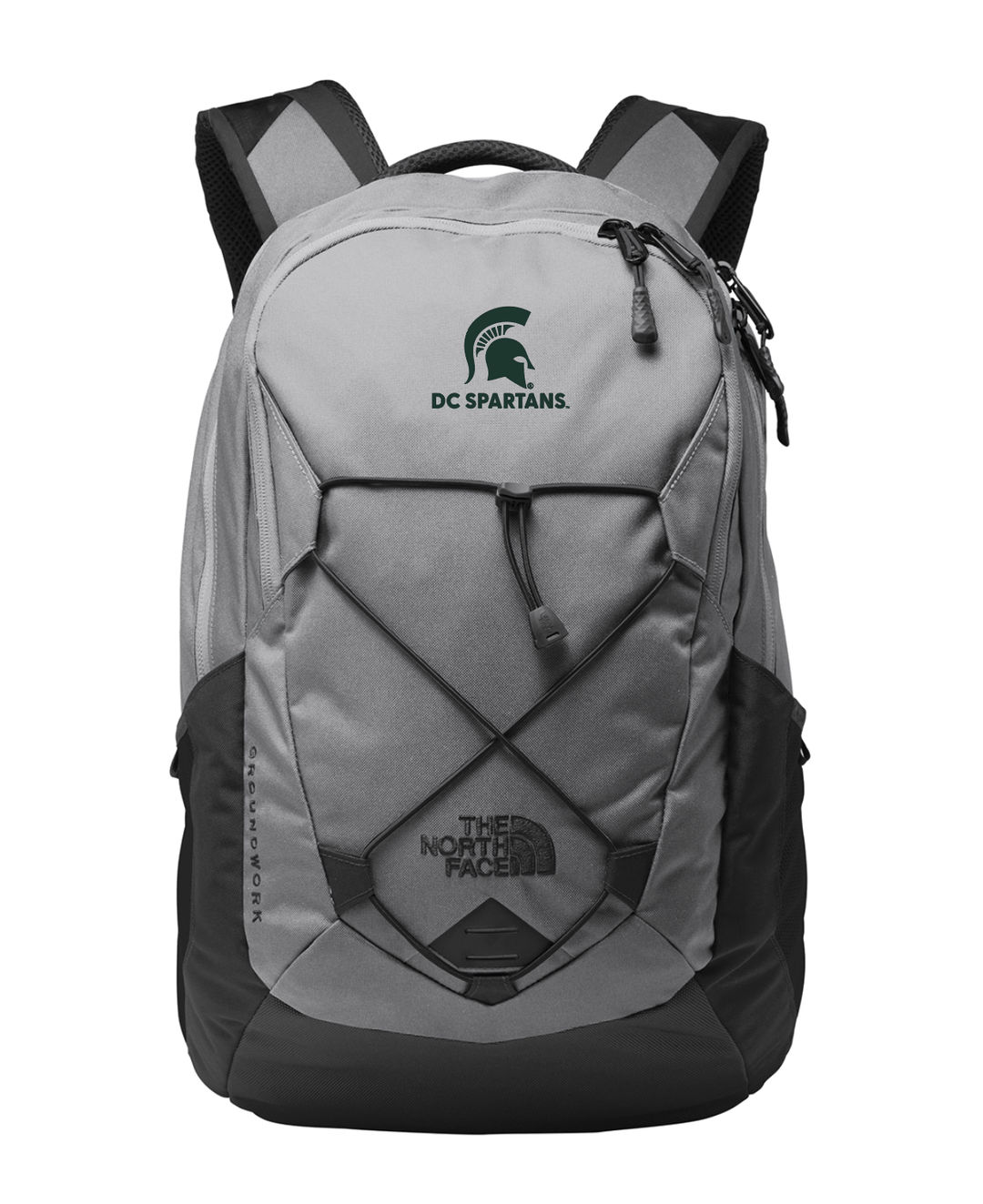 DC Spartans Embroidered Michigan State University North Face Grey Backpack Mockup on white background