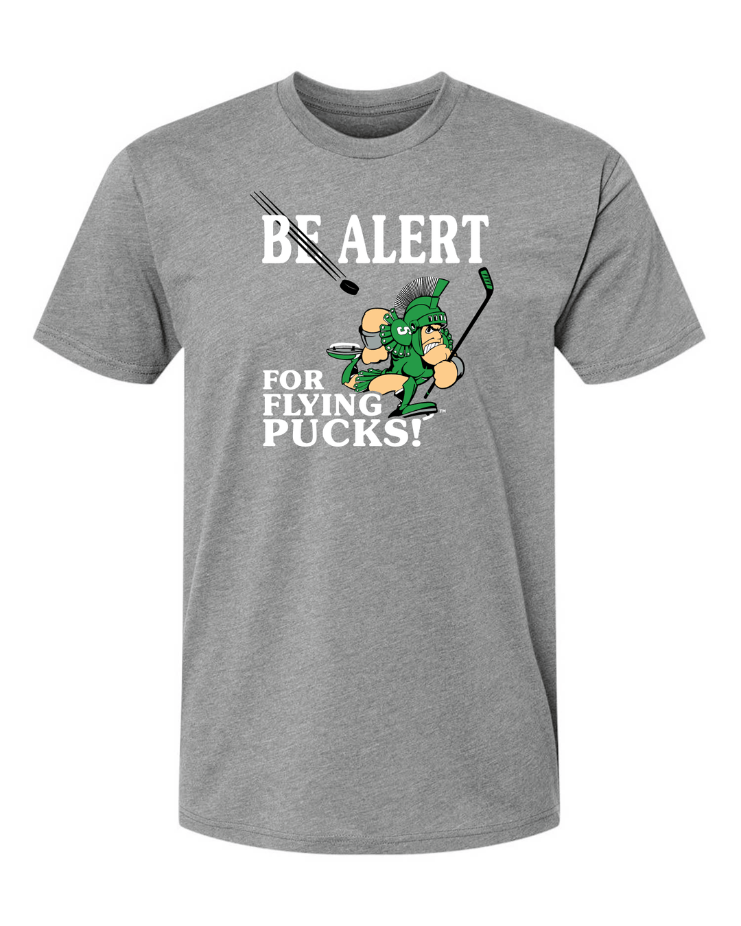 Grey Michigan State t-shirt with a vintage Be Alert for Flying Pucks design printed on the chest.