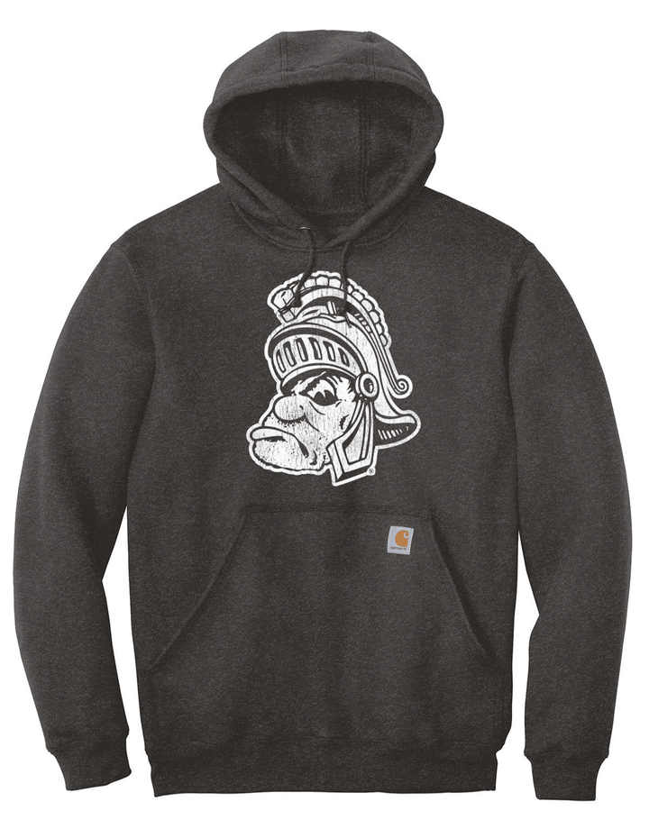 Carbon heather Michigan State Carhartt hoodie featuring the Gruff Sparty logo printed in white ink on the chest