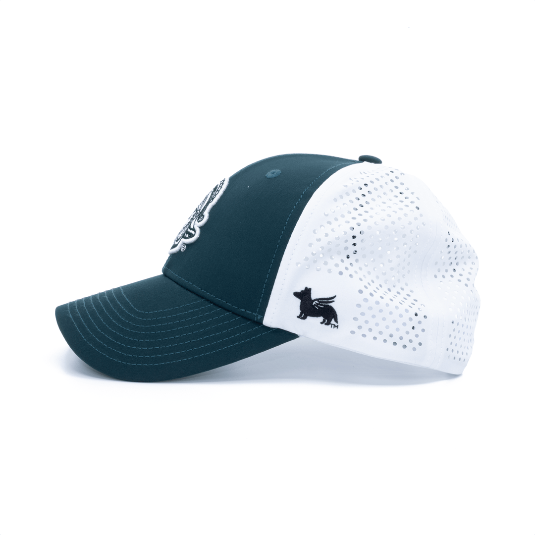Left side view of the green and white Michigan State Gruff Sparty hat from Nudge Printing