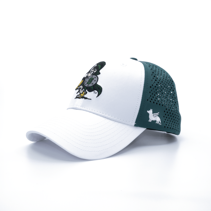 White and green Michigan State hat with vintage Sword Sparty logo on the front from Nudge Printing