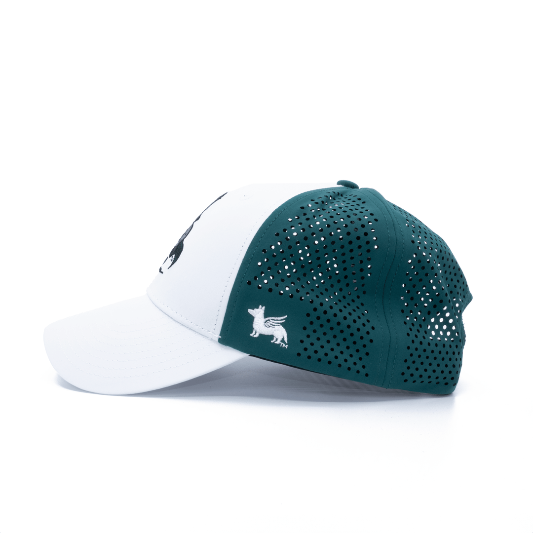 Left side view of a white and green Michigan State performance hat from Nudge Printing
