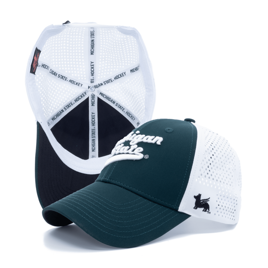 Green and white Michigan State hockey hat from Nudge Printing with white embroidery on the front