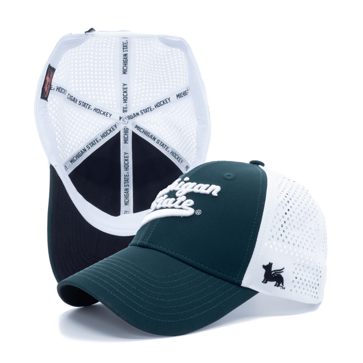 Green and white Michigan State hockey hat from Nudge Printing with white embroidery on the front