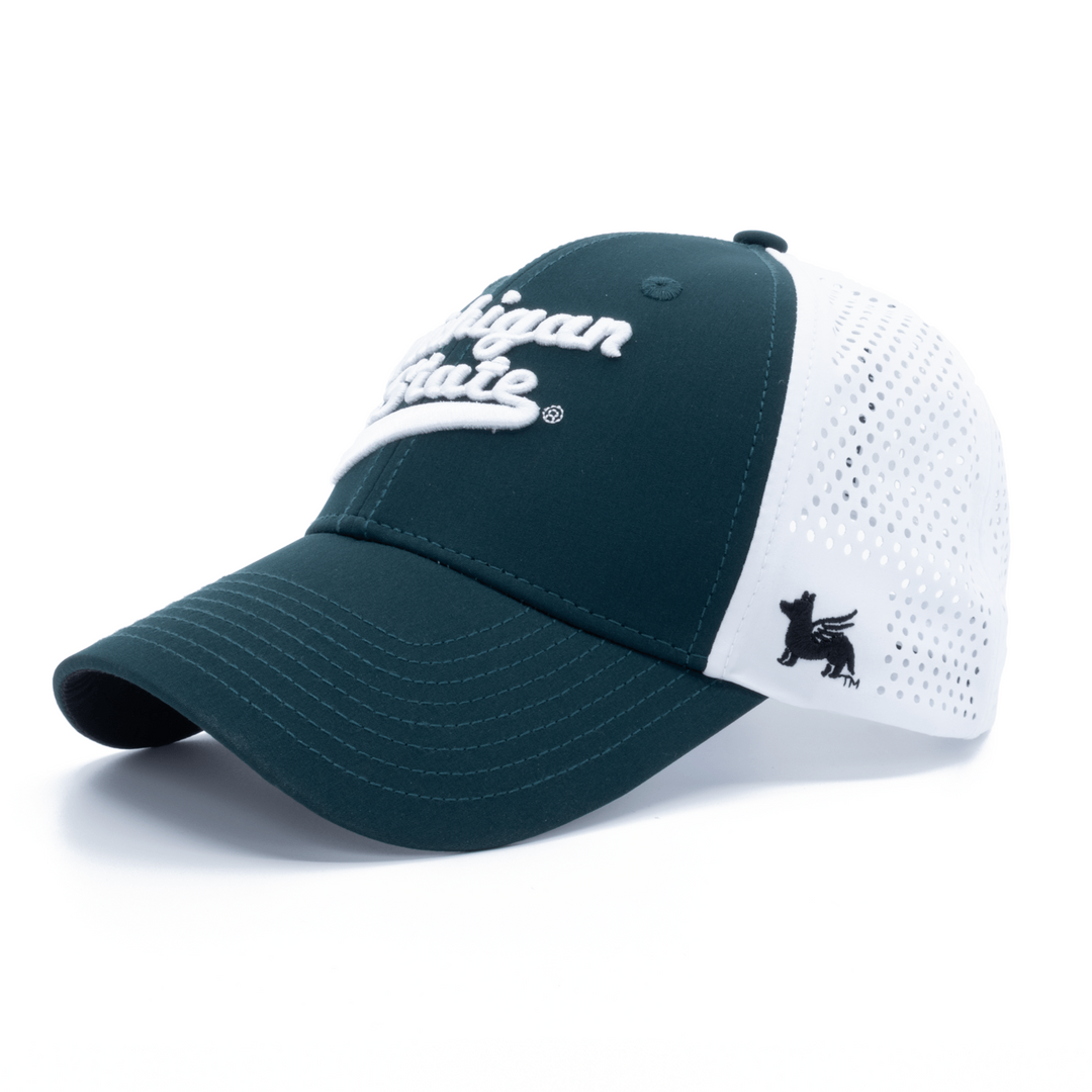 Angled view of the green and white Michigan State hockey hat from Nudge Printing