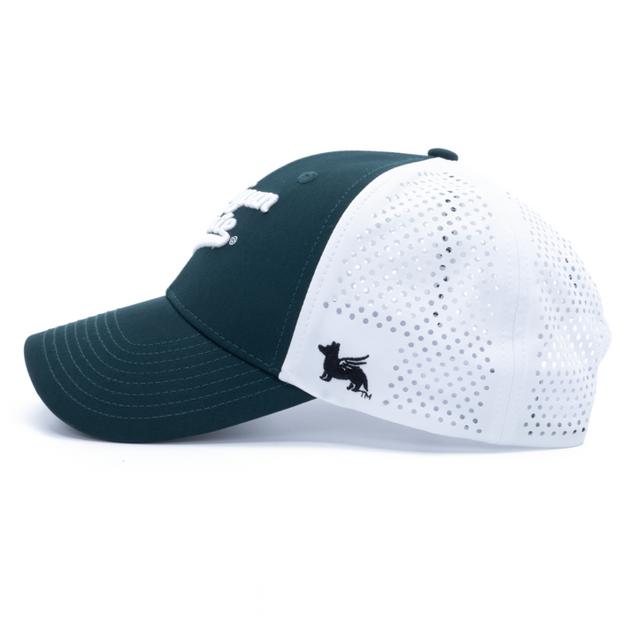 Left side view of the green and white Michigan State Hockey hat from Nudge Printing