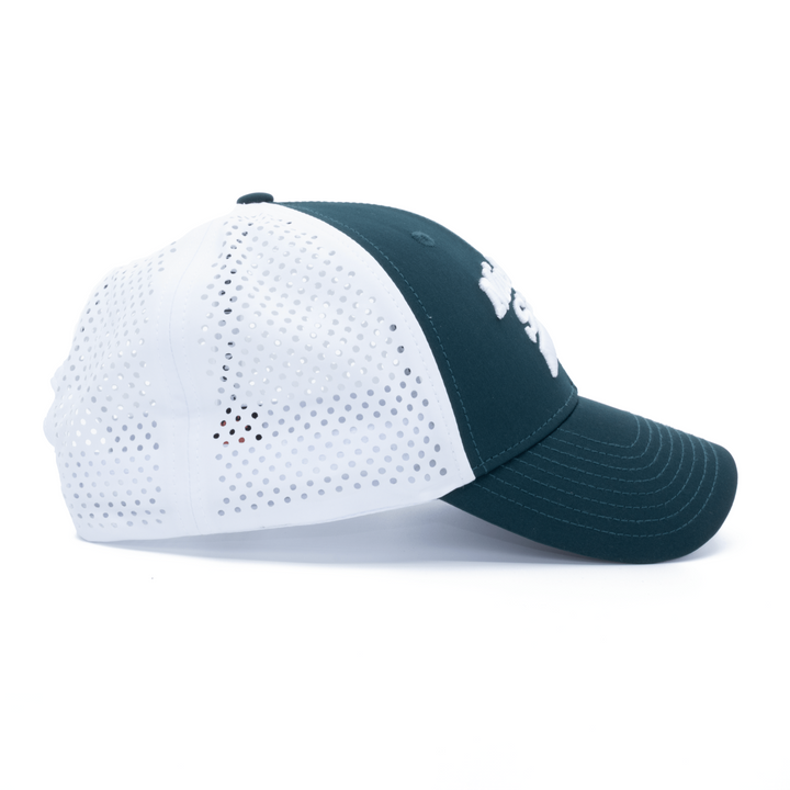 Right side view of the green and white Michigan State Hockey hat from Nudge Printing