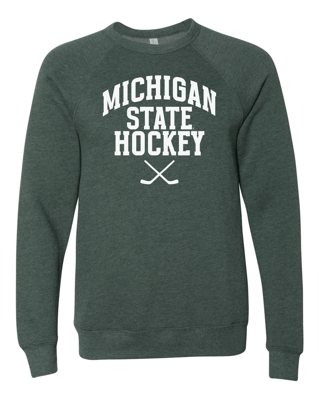 Michigan State Hockey Sticks logo on Green Crewneck Sweatshirt on white background