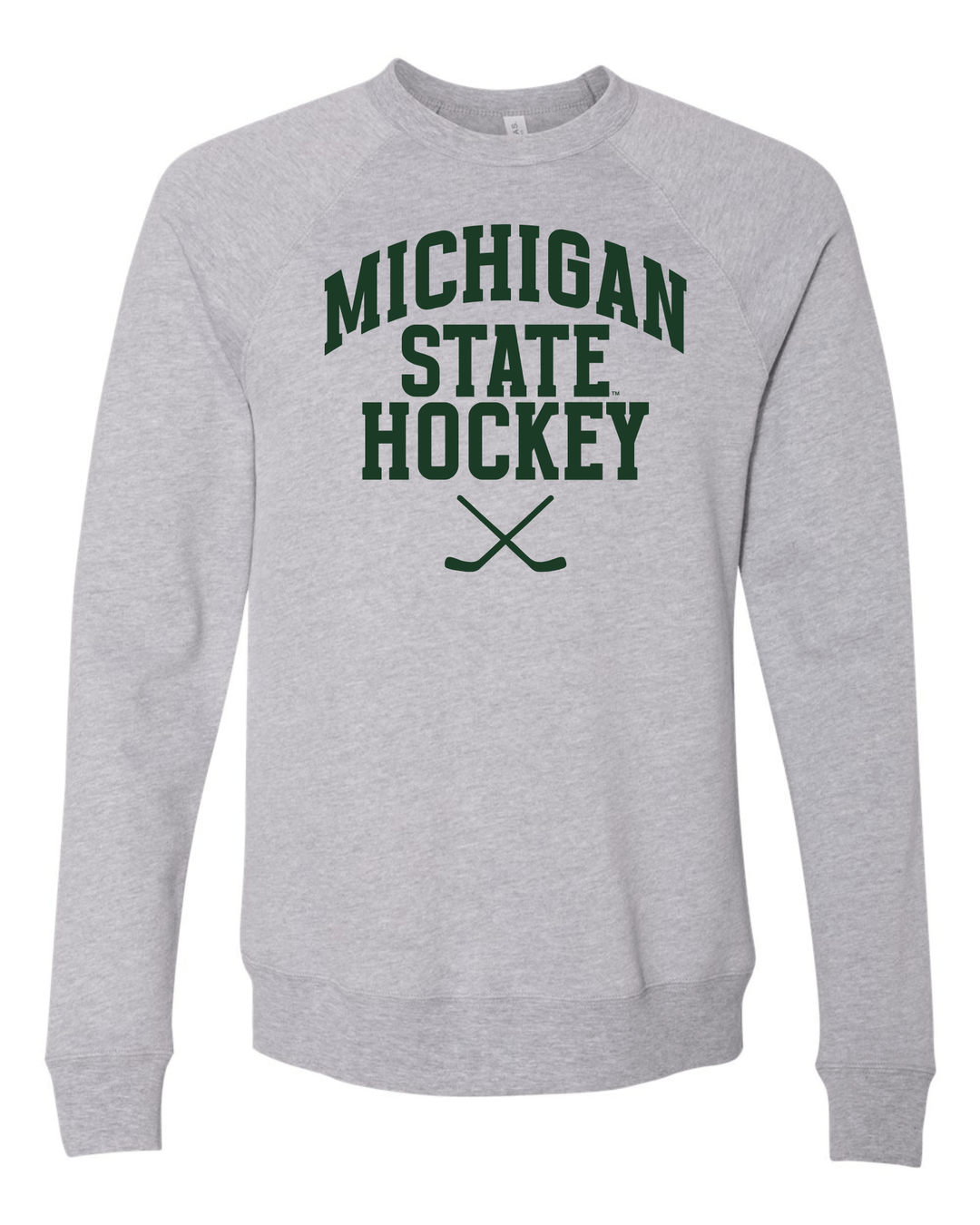 Michigan State University Hockey Sticks logo on athletic heather grey crewneck sweatshirt on white background