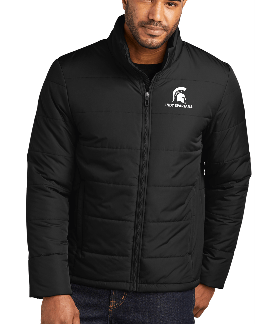 Front view of a black Michigan State puffer jacket showing the Indy Spartans logo embroidered in white thread on the left chest.