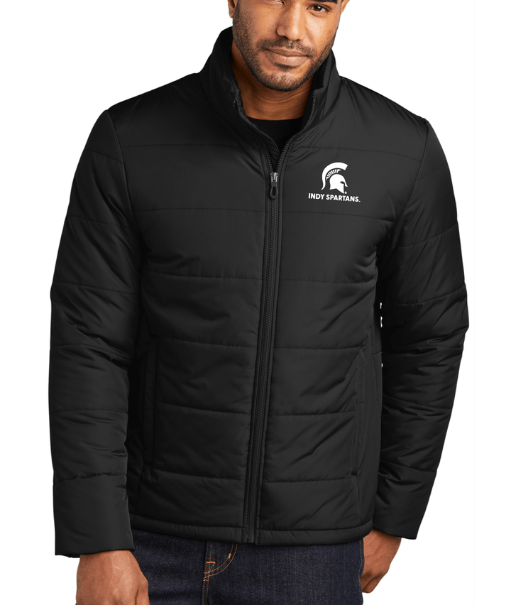 Front view of a black Michigan State puffer jacket showing the Indy Spartans logo embroidered in white thread on the left chest.