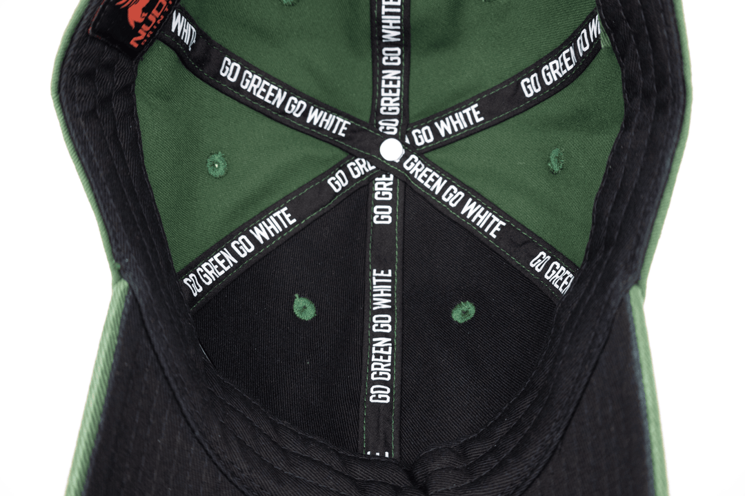 Fully custom Michigan State interior featuring "Go Green Go White" printed seam tape and black lining and underbill.