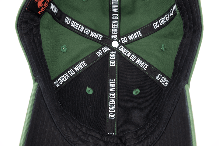 Fully custom Michigan State interior featuring "Go Green Go White" printed seam tape and black lining and underbill.