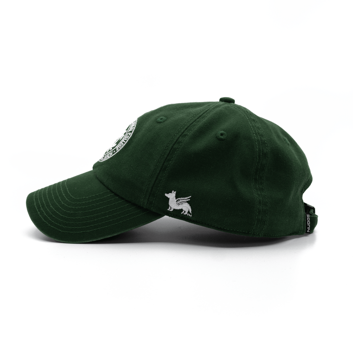Left side profile of the Michigan State University MAC (Michigan Agricultural College) dad hat from Nudge Printing - Spartan Green classic baseball cap.