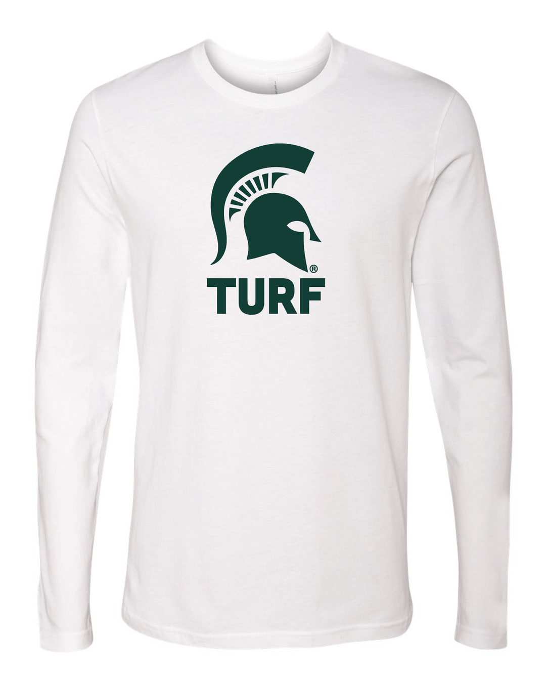 White Michigan State long sleeve t-shirt decorated with the MSU Turf program logo in green on the chest.