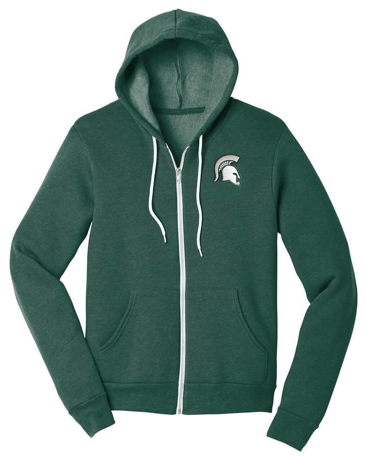 Michigan State Spartan Helmet Head Green Zip Up Sweatshirt on white background