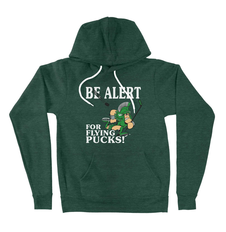 Green Michigan State Sweatshirt with the vintage Be Alert for Flying Pucks logo for the Spartan Hockey team