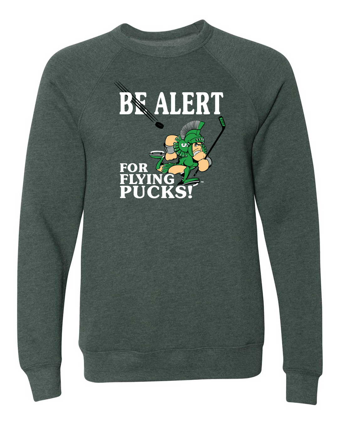 Green Michigan State Sweatshirt featuring the vintage Be Alert for Flying Pucks logo printed on the chest.
