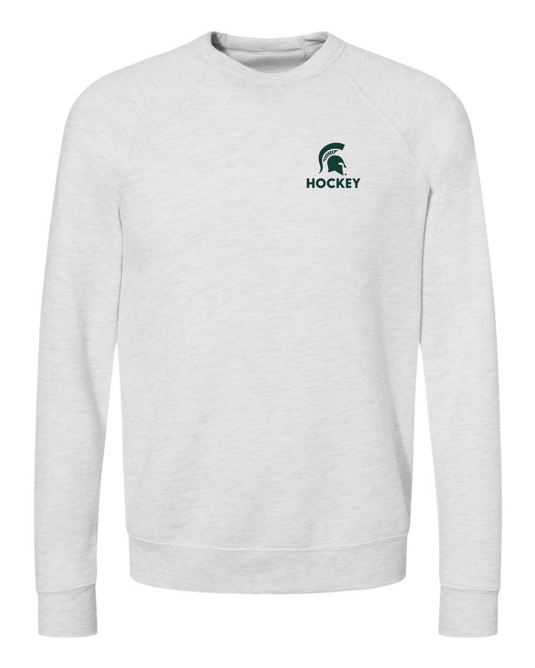 Ash white Michigan State crewneck sweatshirt embroidered with the Spartan Helmet and "Hockey" in green thread on the left chest.