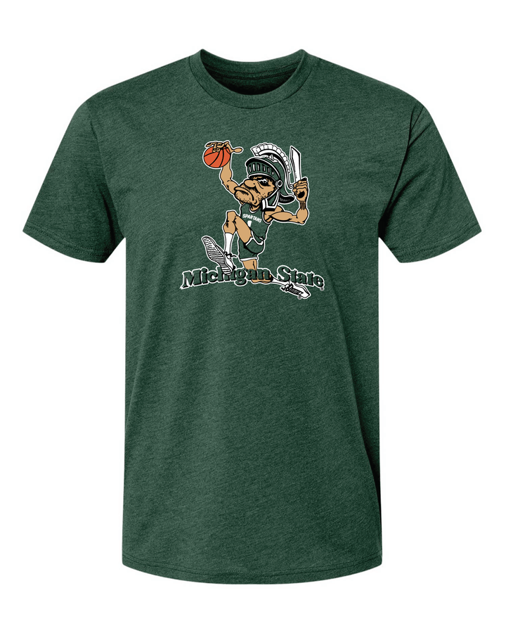 Green Michigan State t-shirt with Dunking Gruff Sparty printed on the chest.