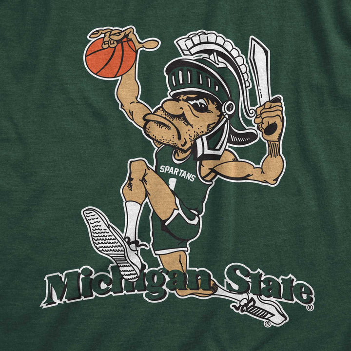 Close up of a green Michigan State t-shirt sporting the Dunking Gruff Sparty logo printed on the chest.