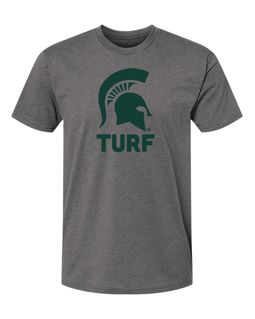 Grey Michigan State t-shirt with a Spartan Helmet and "Turf" printed in green ink on the chest.