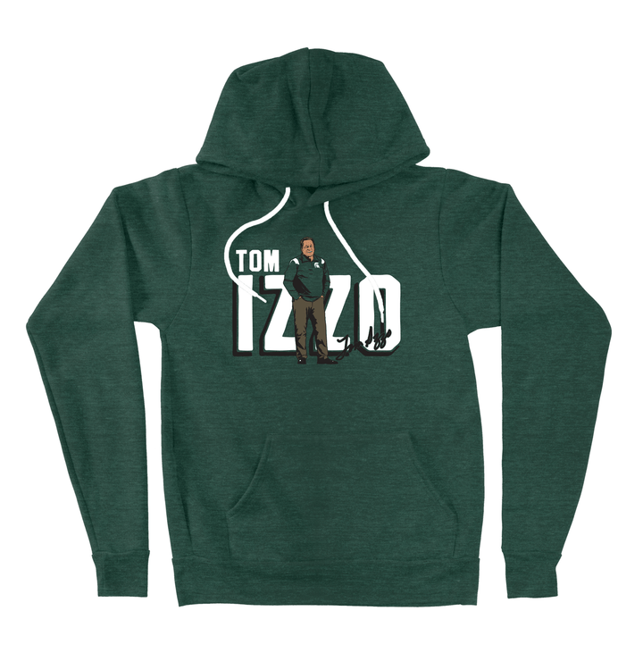 Green Michigan State sweatshirt hoodie featuring Tom Izzo printed on the chest.