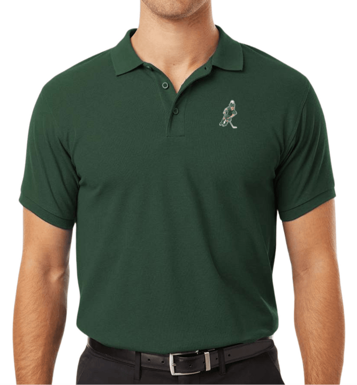 MSU Green Polo with Hockey Sparty Logo embroidered patch on left chest on model with white background