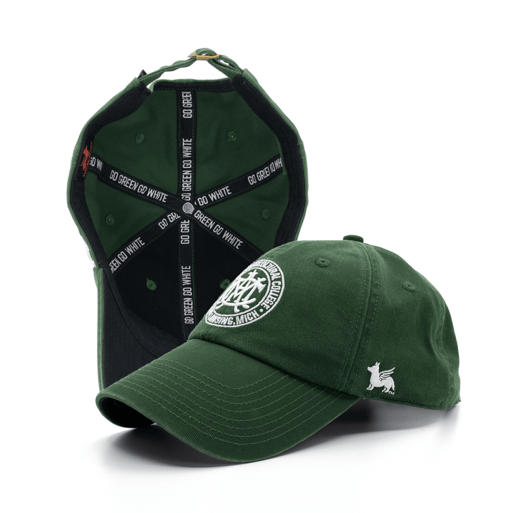 Michigan State retro dad hat featuring the original MAC seal embroidered on the front as well as fully custom MSU branded interior.