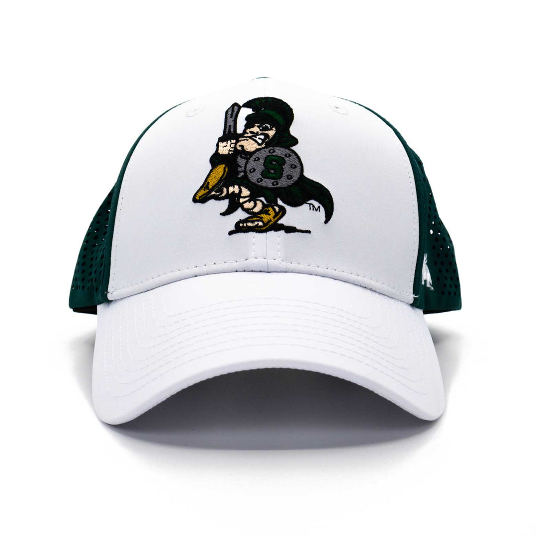 Front view of a Michigan State hat featuring the vintage Sword Sparty logo embroidered on the front.