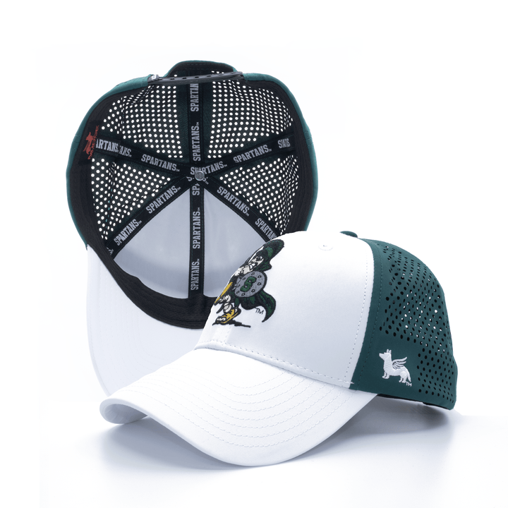 White and green performance Michigan State hat with the vintage Sword Sparty logo embroidered on the front.