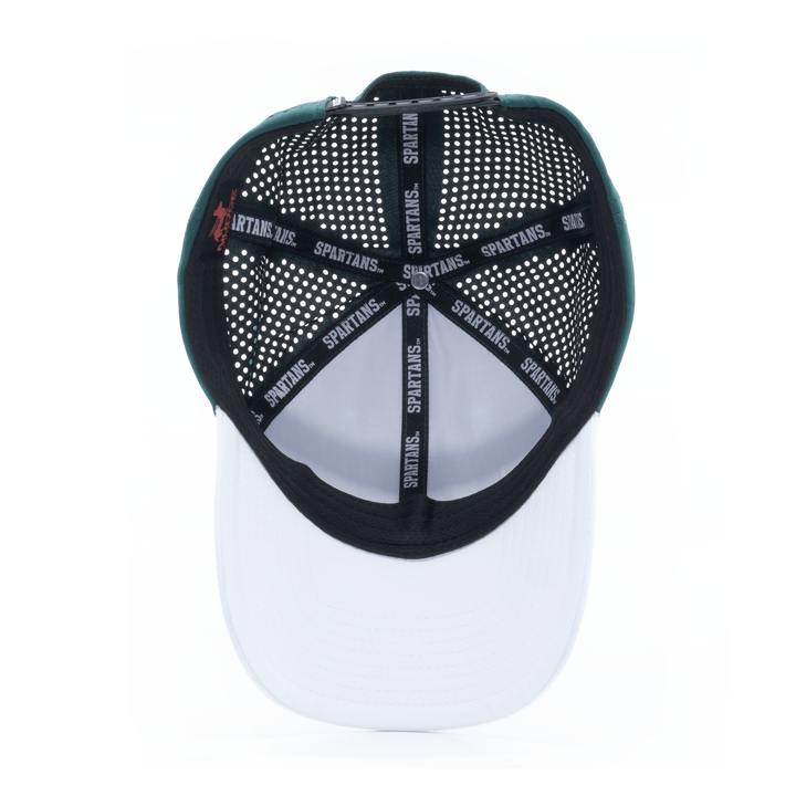 Inside view of a white and green Michigan State Hat from Nudge Printing